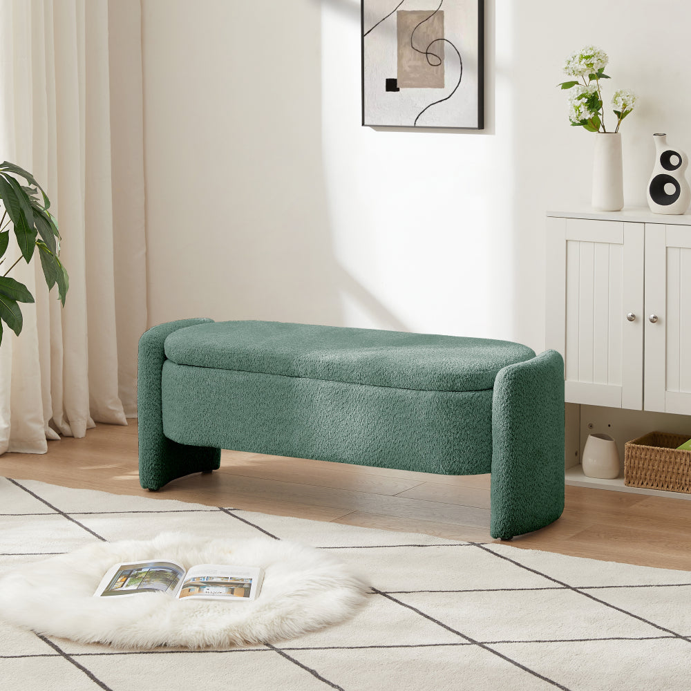 Ottoman Oval Storage Bench 3D Lamb Fleece Fabric Bench with Large Storage Space for the Living Room, Entryway and Bedroom,cream white
