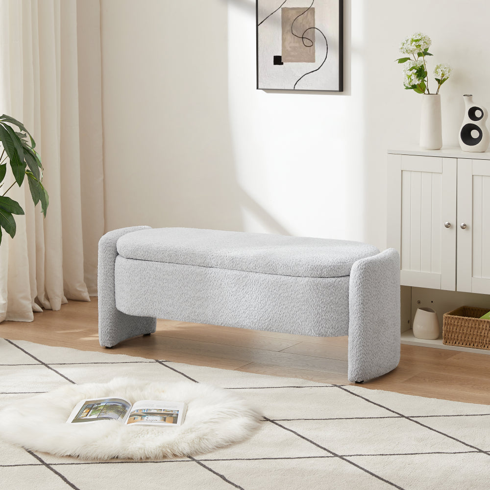 Ottoman Oval Storage Bench 3D Lamb Fleece Fabric Bench with Large Storage Space for the Living Room, Entryway and Bedroom,cream white
