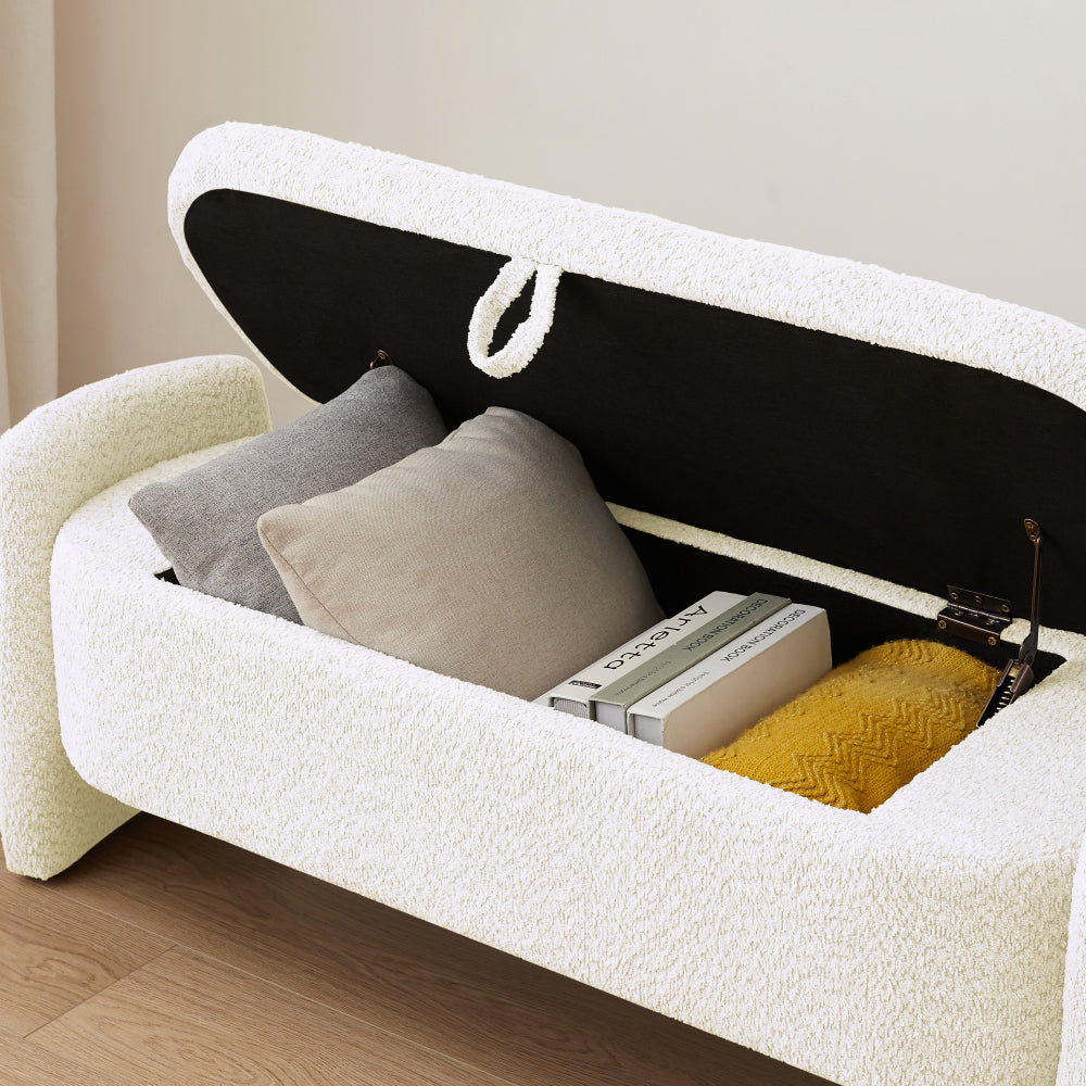 Ottoman Oval Storage Bench 3D Lamb Fleece Fabric Bench with Large Storage Space for the Living Room, Entryway and Bedroom,cream white