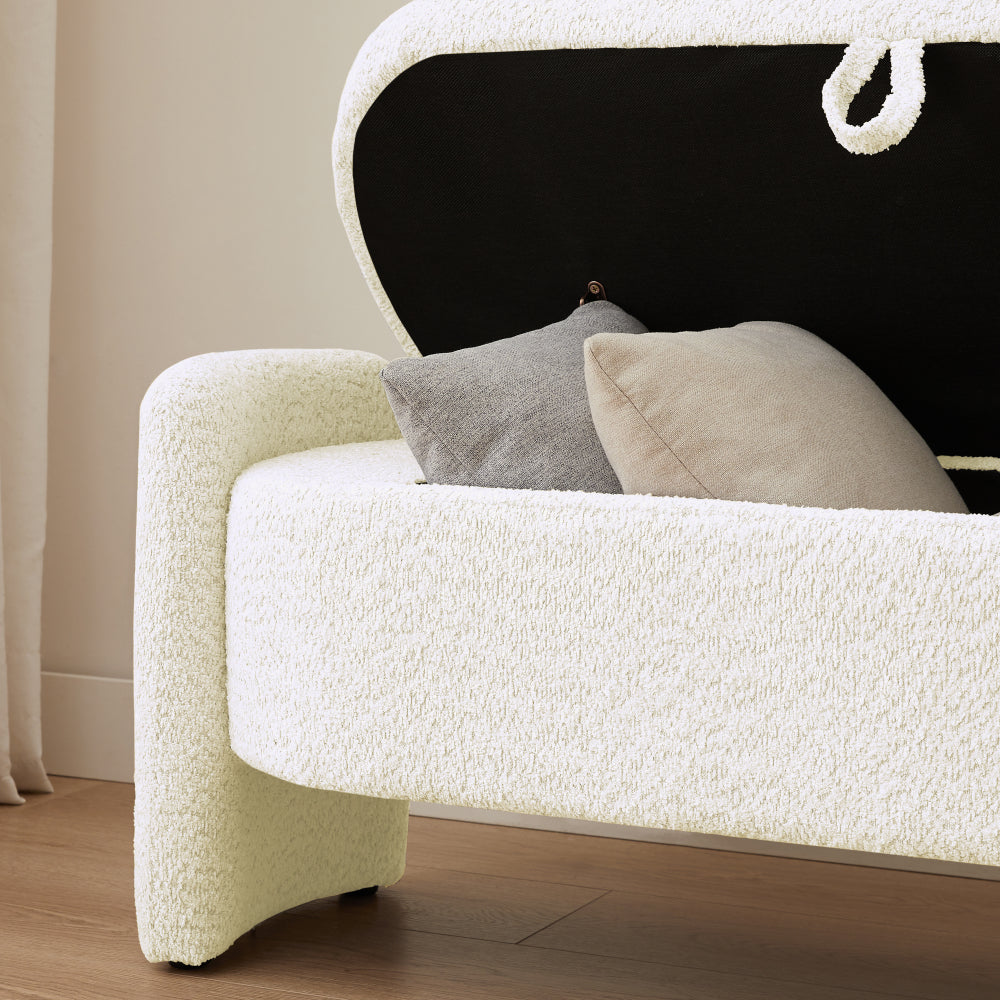Ottoman Oval Storage Bench 3D Lamb Fleece Fabric Bench with Large Storage Space for the Living Room, Entryway and Bedroom,cream white
