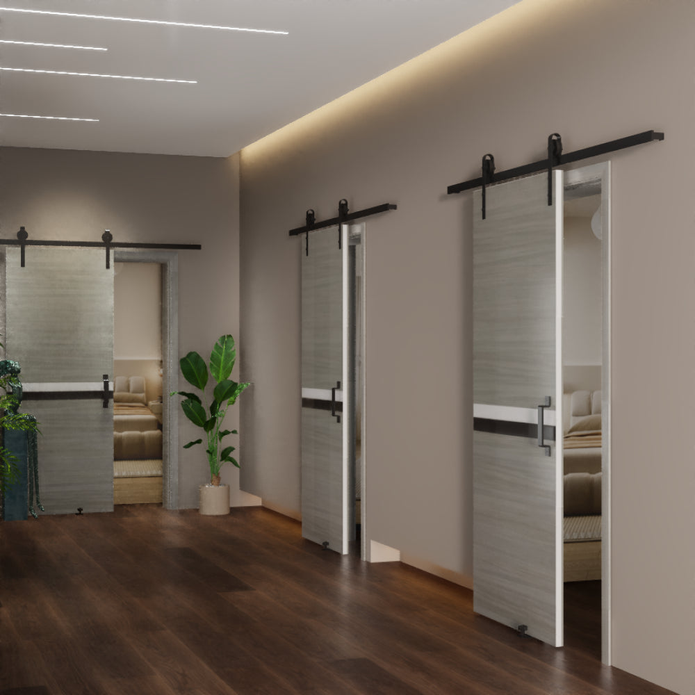 CRAZY ELF 28" x 80" Melamine Integrated Door Slab + 6.6FT Sliding Track Kit + Adjustable Floor Guider + Pull Handle, Modern Interior Door panel, Protected By 2mm Thick Melamine Layer, Moisture-proof