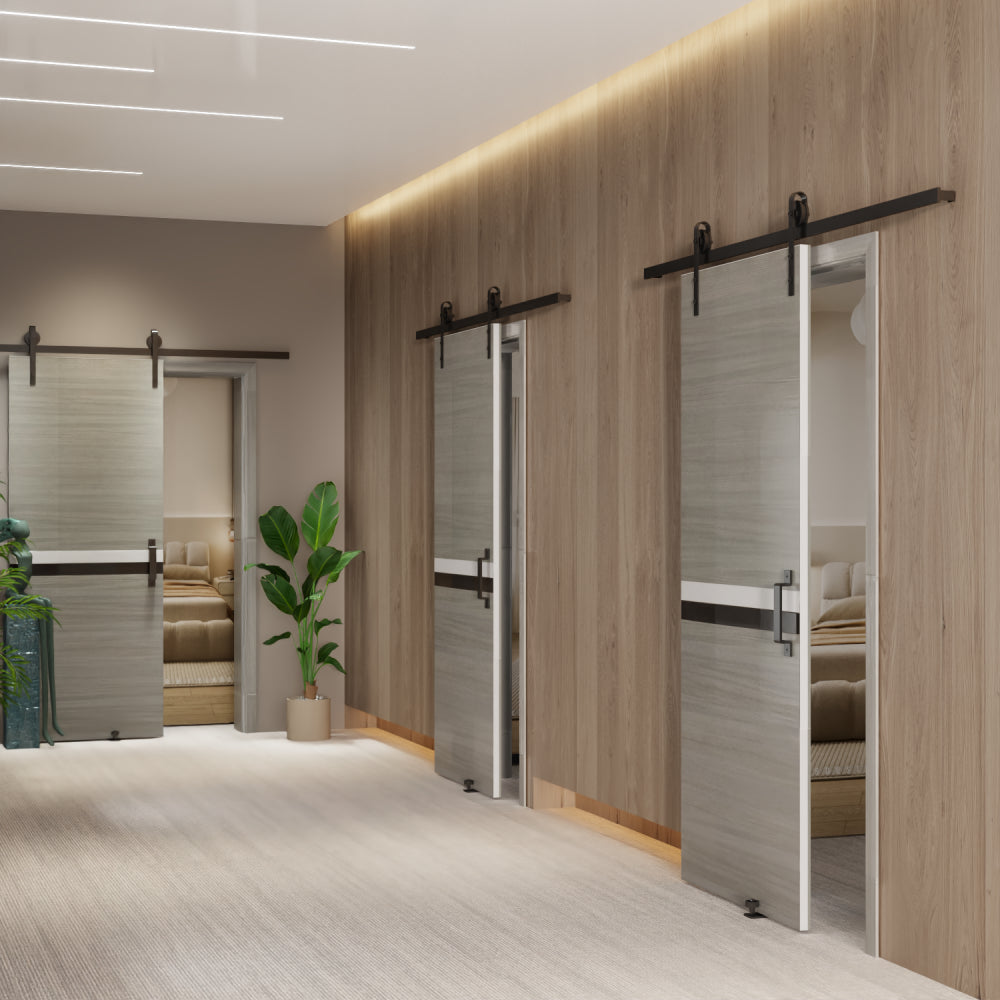 CRAZY ELF 28" x 80" Melamine Integrated Door Slab + 6.6FT Sliding Track Kit + Adjustable Floor Guider + Pull Handle, Modern Interior Door panel, Protected By 2mm Thick Melamine Layer, Moisture-proof