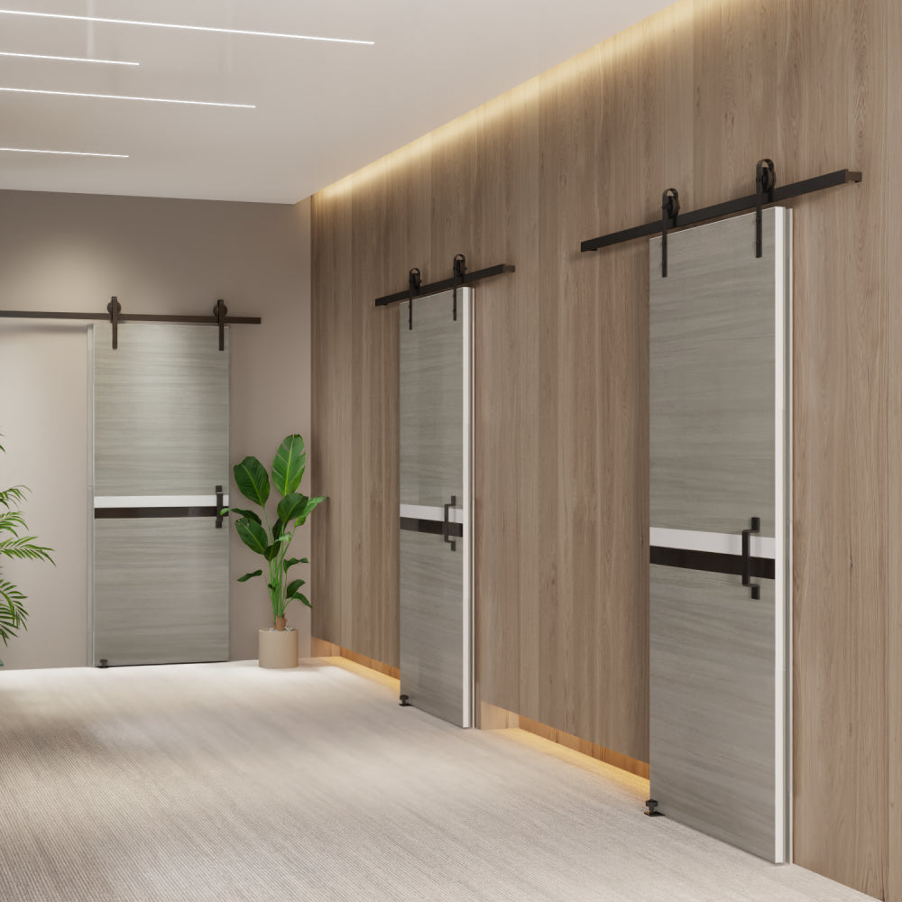 CRAZY ELF 28" x 80" Melamine Integrated Door Slab + 6.6FT Sliding Track Kit + Adjustable Floor Guider + Pull Handle, Modern Interior Door panel, Protected By 2mm Thick Melamine Layer, Moisture-proof