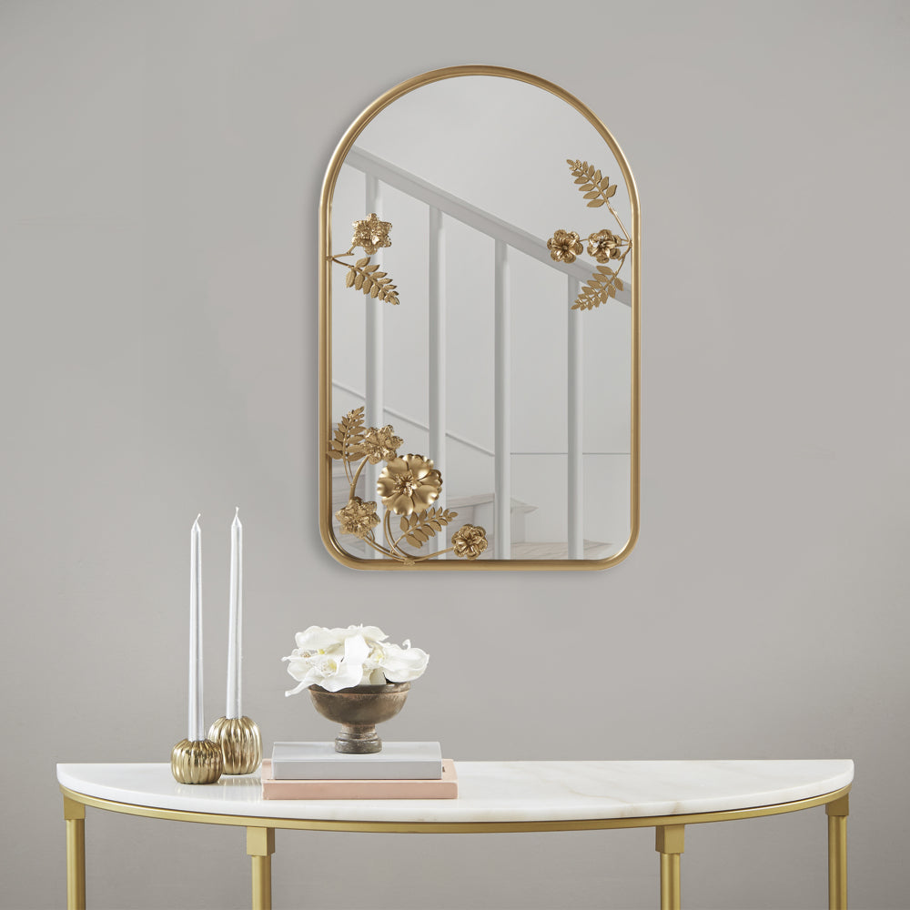 Arched Metal Floral Wall Mirror Gold 25.75"H