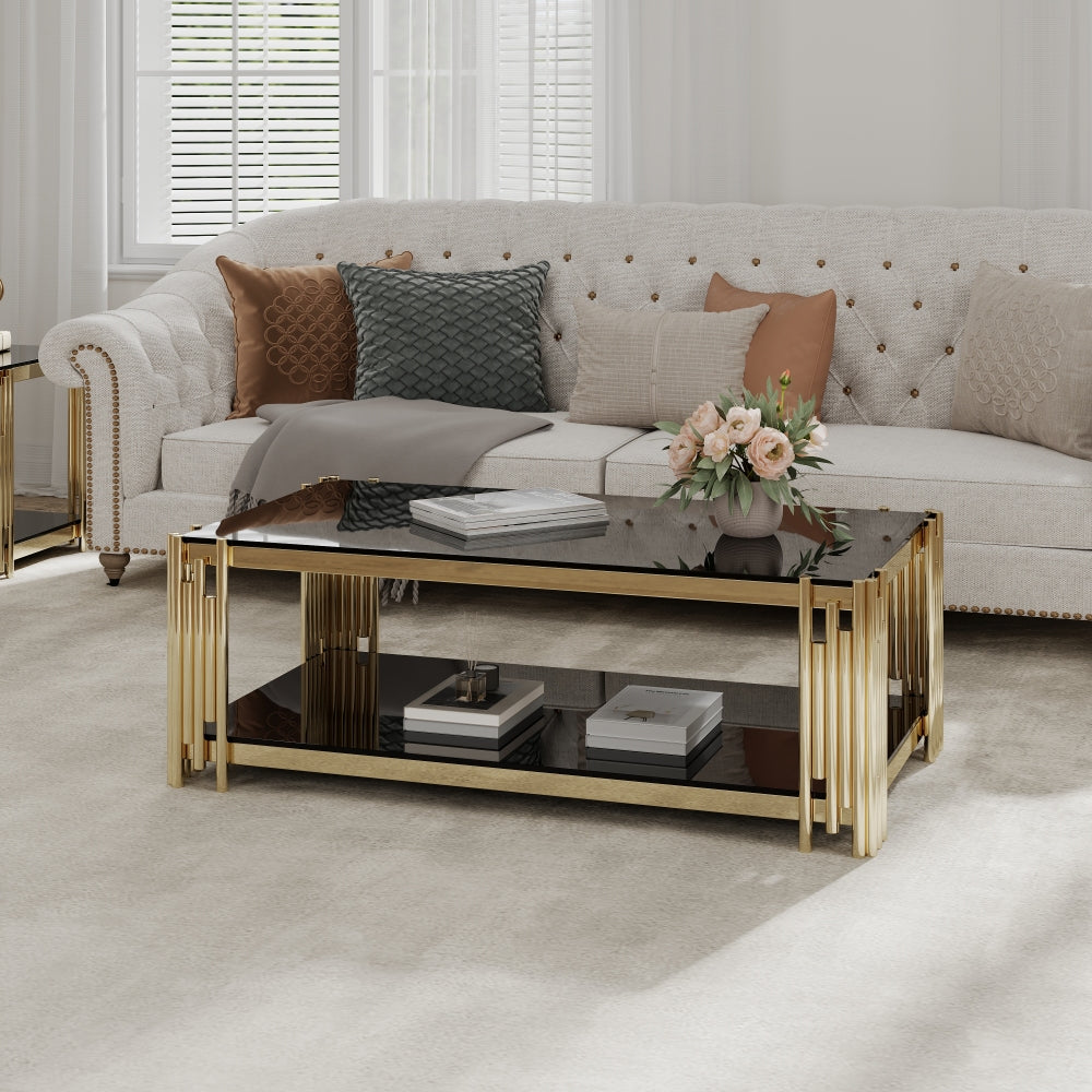 Woker Furniture 20" Wide Square End Table with Black Glass Top, Golden Stainless Steel Tempered Glass End Table for Living Room&Bed Room