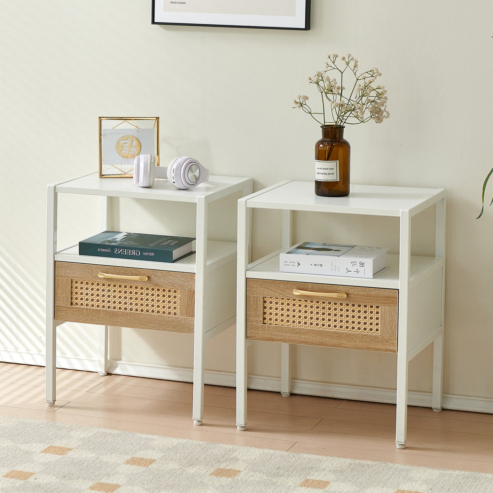 Set of 2, 15.75" Rattan End table with Power Outlet & USB Ports , Modern nightstand with drawer and metal legs, side table for living room, bedroom,white