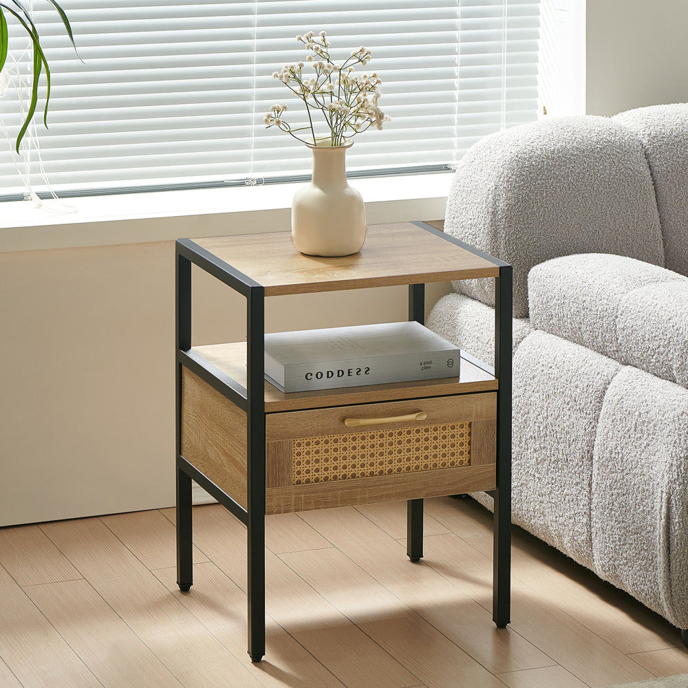 Set of 2, 15.75" Rattan End table with Power Outlet & USB Ports , Modern nightstand with drawer and metal legs, side table for living room, bedroom,white