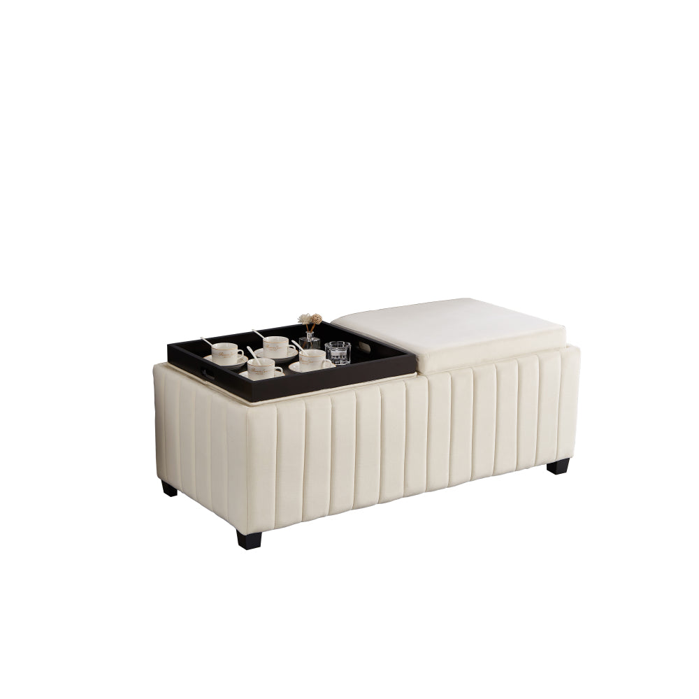 45 inch Wide Contemporary Square CubeStorage Ottoman Bench, Storage Bench with coffee tray,coffee table for Living Room Ottoman foot rest for Bedroom End of Bed, BEIGE velvet fabric in modern SAWING