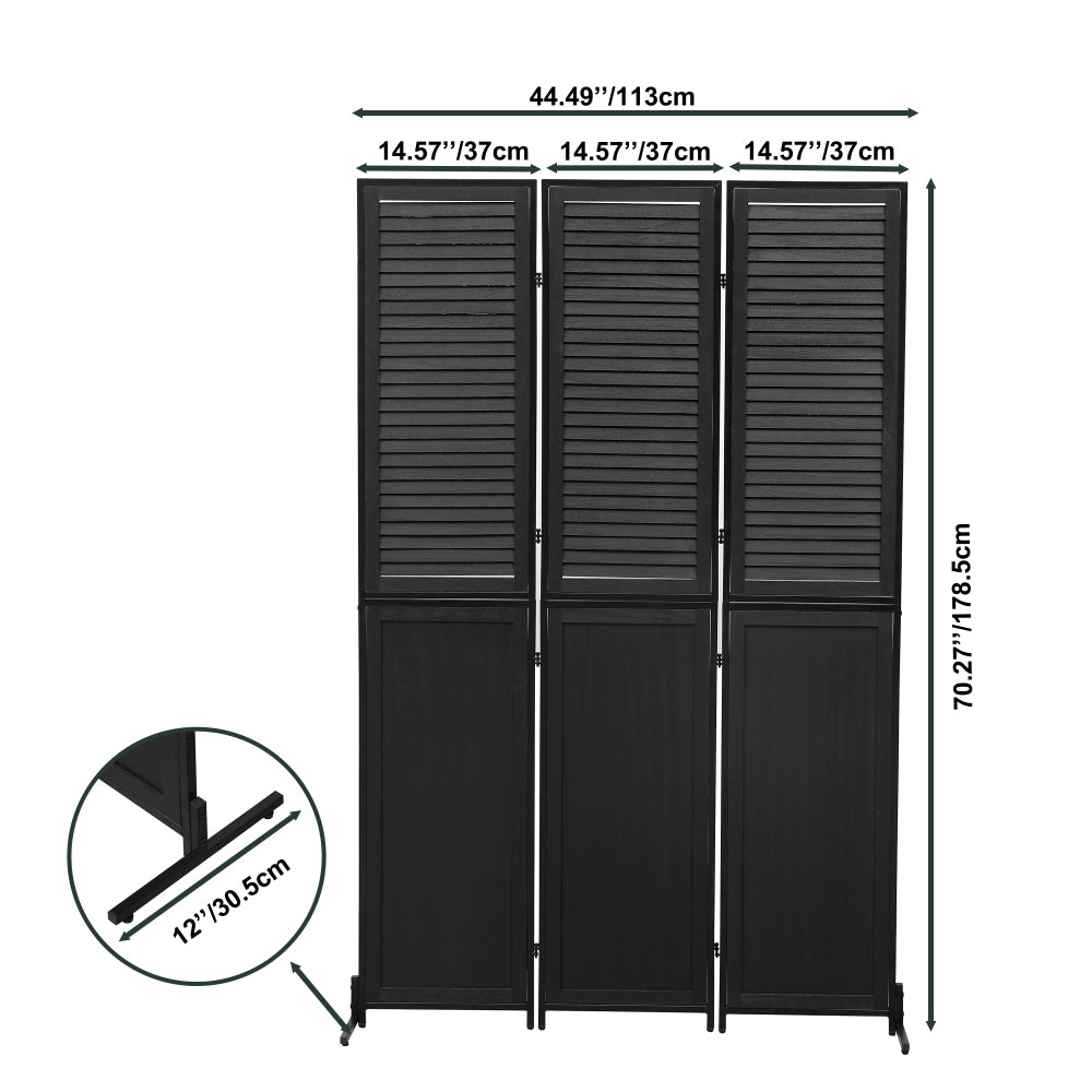 3 Panel Room Divider 6Ft Wood Folding Privacy Screen Black Room Separator Free Standing Wall Dividers (Black)