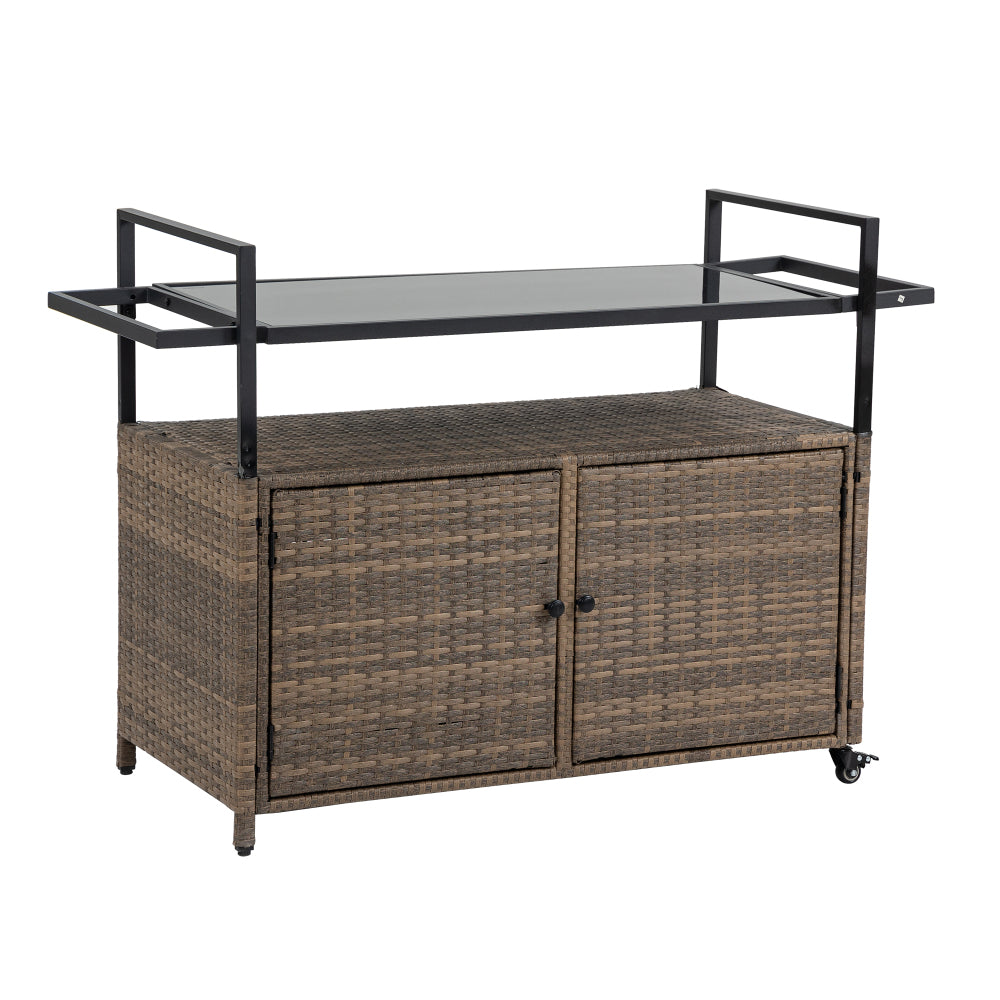 Outdoor Wicker Bar Cart, Patio Wine Serving Cart w/Wheels , Rolling Rattan Beverage Bar Counter Table w/Glass Top for Porch Backyard Garden Poolside Party, Light brown