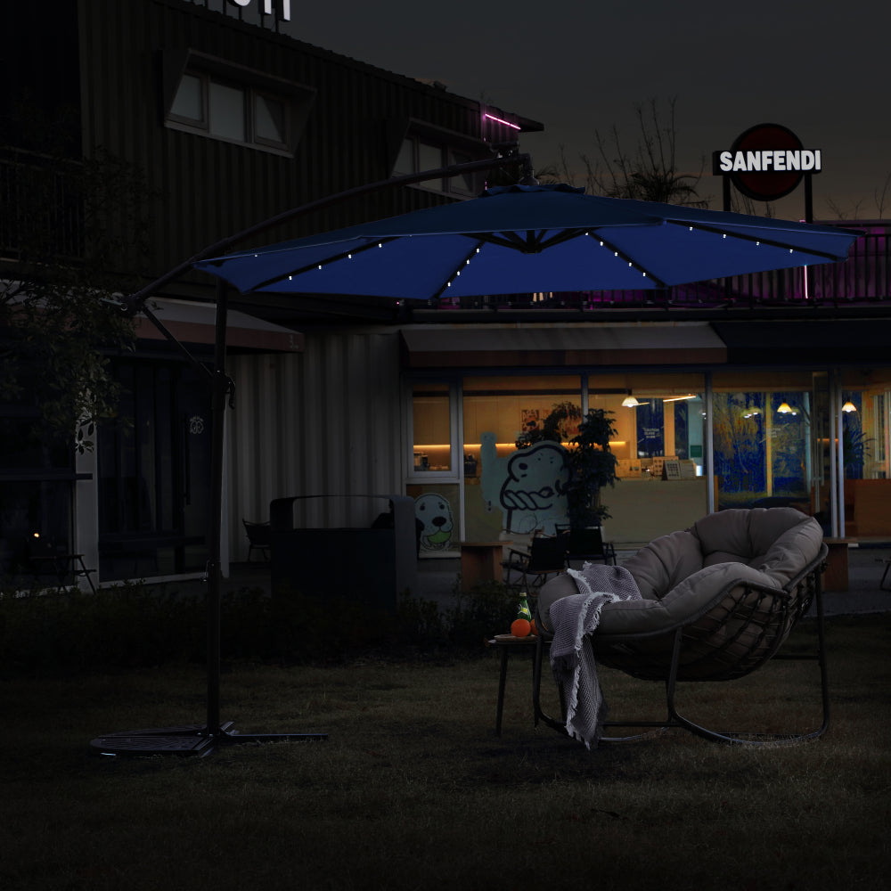 10ft Solar LED Offset Hanging Market Patio Umbrella (Navy blue )(No Base)