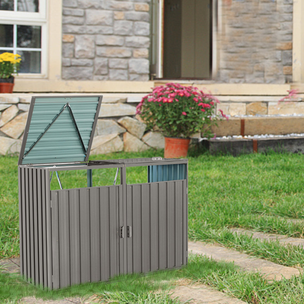 Garbage Bin Shed Stores 2 Trash Cans Metal Outdoor Bin Shed for Garbage Storage,Stainless Galvanized Steel, Bin Shed for Garden Yard Lawn