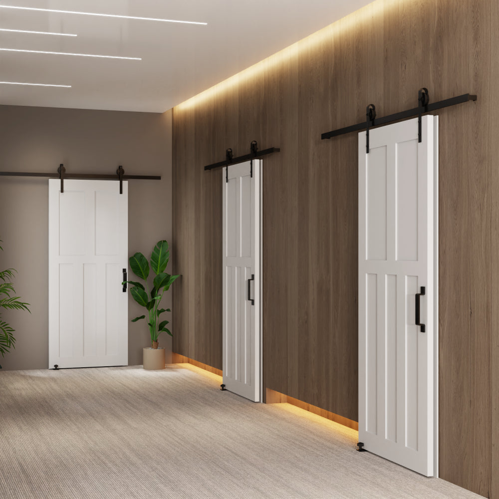 CRAZY ELF 28" x 84" Five Panel Real Primed Door Slab + 6.6FT Barn Door Sliding Hardware + Adjustable Floor Guider + Pull Handle, DIY Unfinished Paneled Door, Modern Interior Barn Door, Moisture-proof