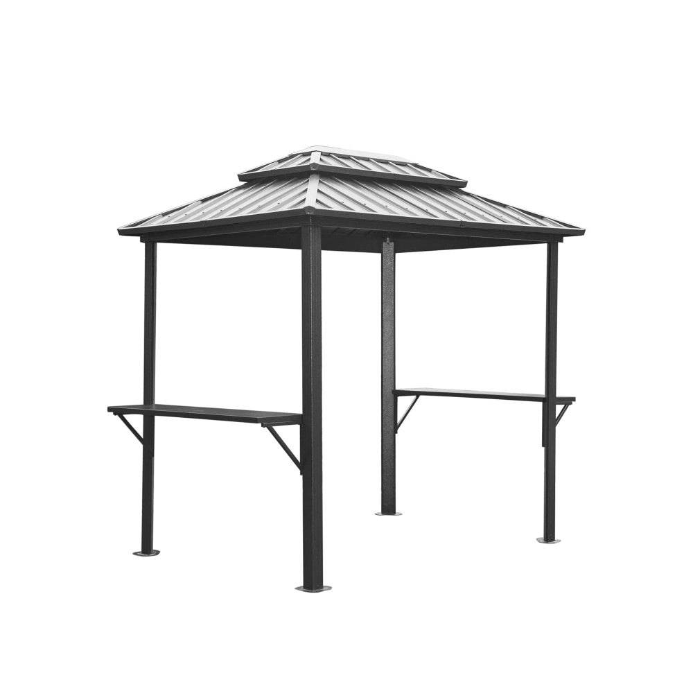 8×5FT Hardtop Grill Gazebo, Outdoor BBQ Gazebo w/Galvanized Steel Double Roof, Permanent Sun Shade Grill Canopy Shelter with 2 Side Shelves and Ceiling Hook for Patio Deck Yard Garden (Grey)