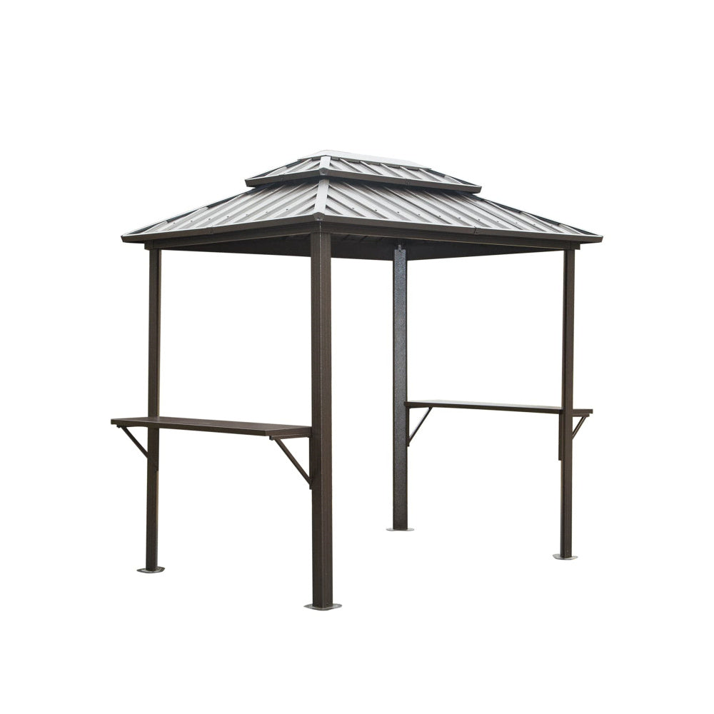 8×5FT Hardtop Grill Gazebo, Outdoor BBQ Gazebo w/Galvanized Steel Double Roof, Permanent Sun Shade Grill Canopy Shelter with 2 Side Shelves and Ceiling Hook for Patio Deck Yard Garden (Grey)