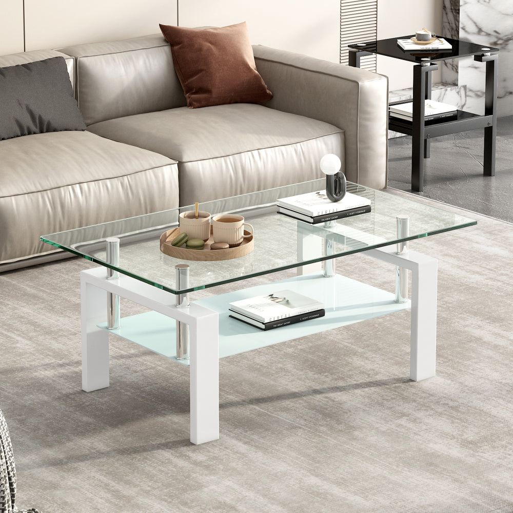 Tempered Black Glass Coffee Table, 2-Layers Tea Table