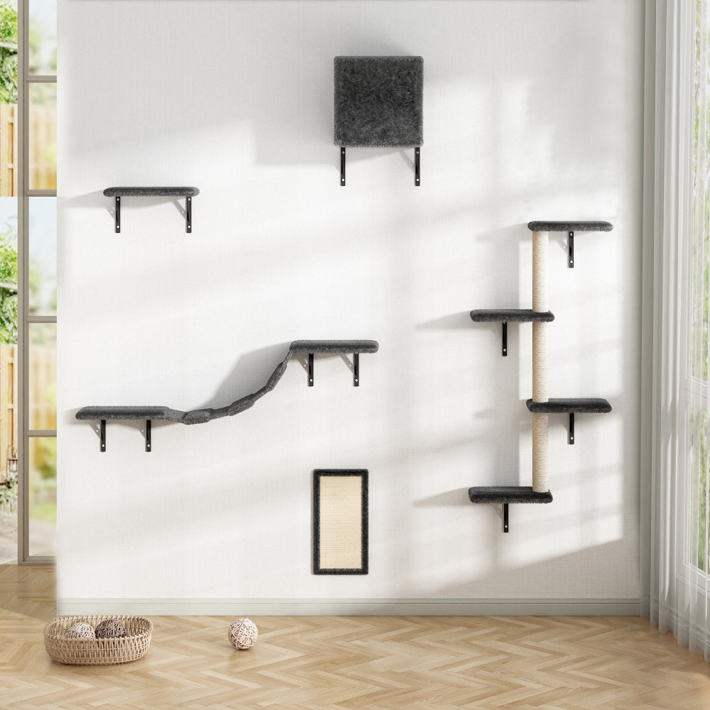 5 Pcs Wall Mounted Cat Climber Set, Floating Cat Shelves and Perches, Cat Activity Tree with Scratching Posts, Modern Cat Furniture, Beige