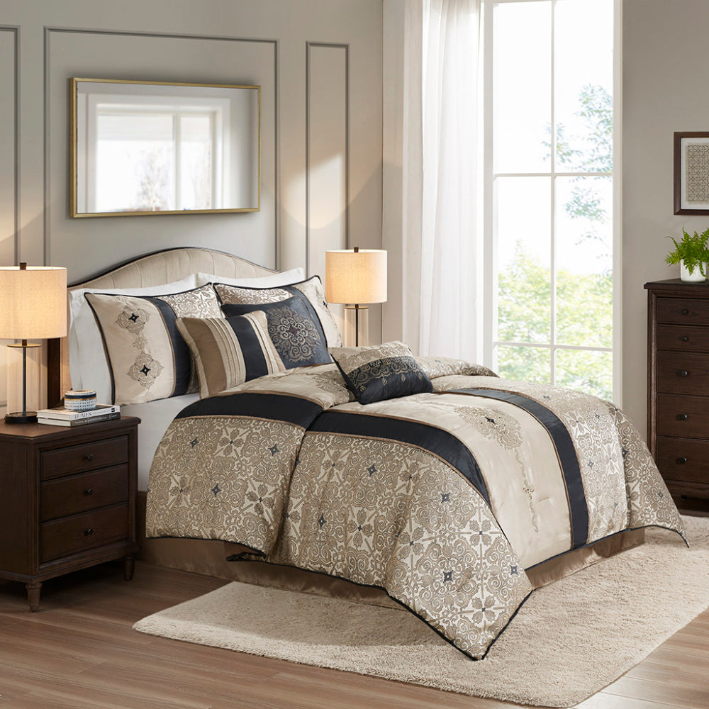 Queen 7 Piece Jacquard Comforter Set with Throw Pillows