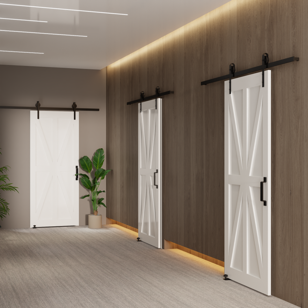 CRAZY ELF 32" x 80" Star Style Real Primed Door Slab + 6.6FT Barn Door Sliding Hardware + Adjustable Floor Guider + Pull Handle, DIY Unfinished Paneled Door, Modern Interior Barn Door, Moisture-proof