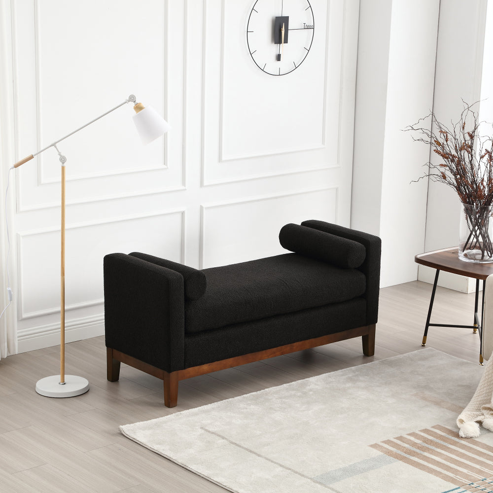 53.5"W Elegant Upholstered Bench, Ottoman with Wood Legs & Bolster Pillows for End of Bed, Bedroom, Living Room, Entryway ,Black