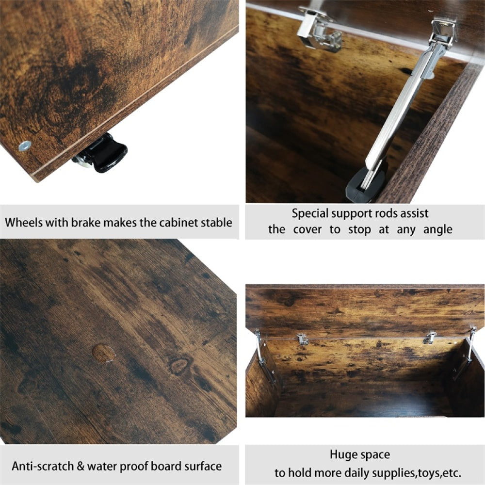Storage Chest, Storage Trunk on Wheels with Brakes, Sturdy Storage Bench Supports 300 lb, Wooden Entryway Bench, Shoe Bench, Movable, Safety Hinge, U-Shaped Opening, Easy Assembly, Rustic Brown