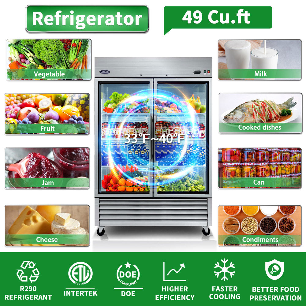 ORIKOOL 54" Commercial Display Refrigerator Swing Glass Door 49 Cu.ft Stainless Steel Reach-in Merchandiser Refrigerators with LED Lighting