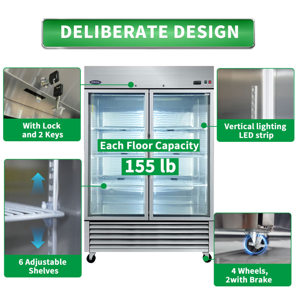 ORIKOOL 54" Commercial Display Refrigerator Swing Glass Door 49 Cu.ft Stainless Steel Reach-in Merchandiser Refrigerators with LED Lighting