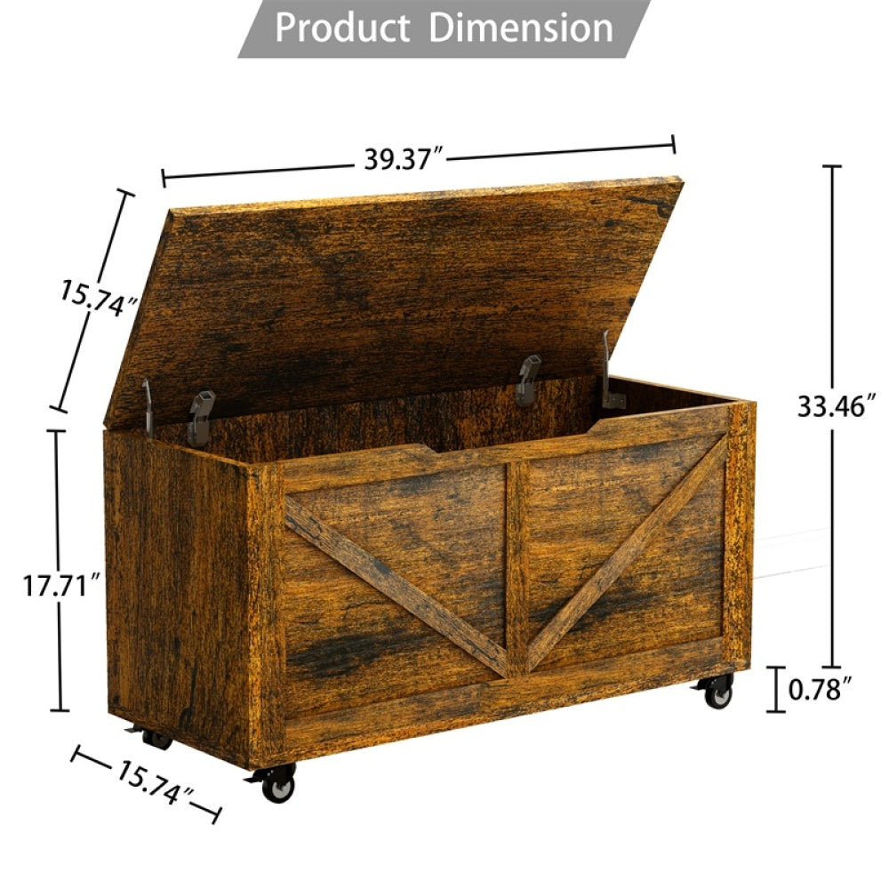 Storage Chest, Storage Trunk on Wheels with Brakes, Sturdy Storage Bench Supports 300 lb, Wooden Entryway Bench, Shoe Bench, Movable, Safety Hinge, U-Shaped Opening, Easy Assembly, Rustic Brown