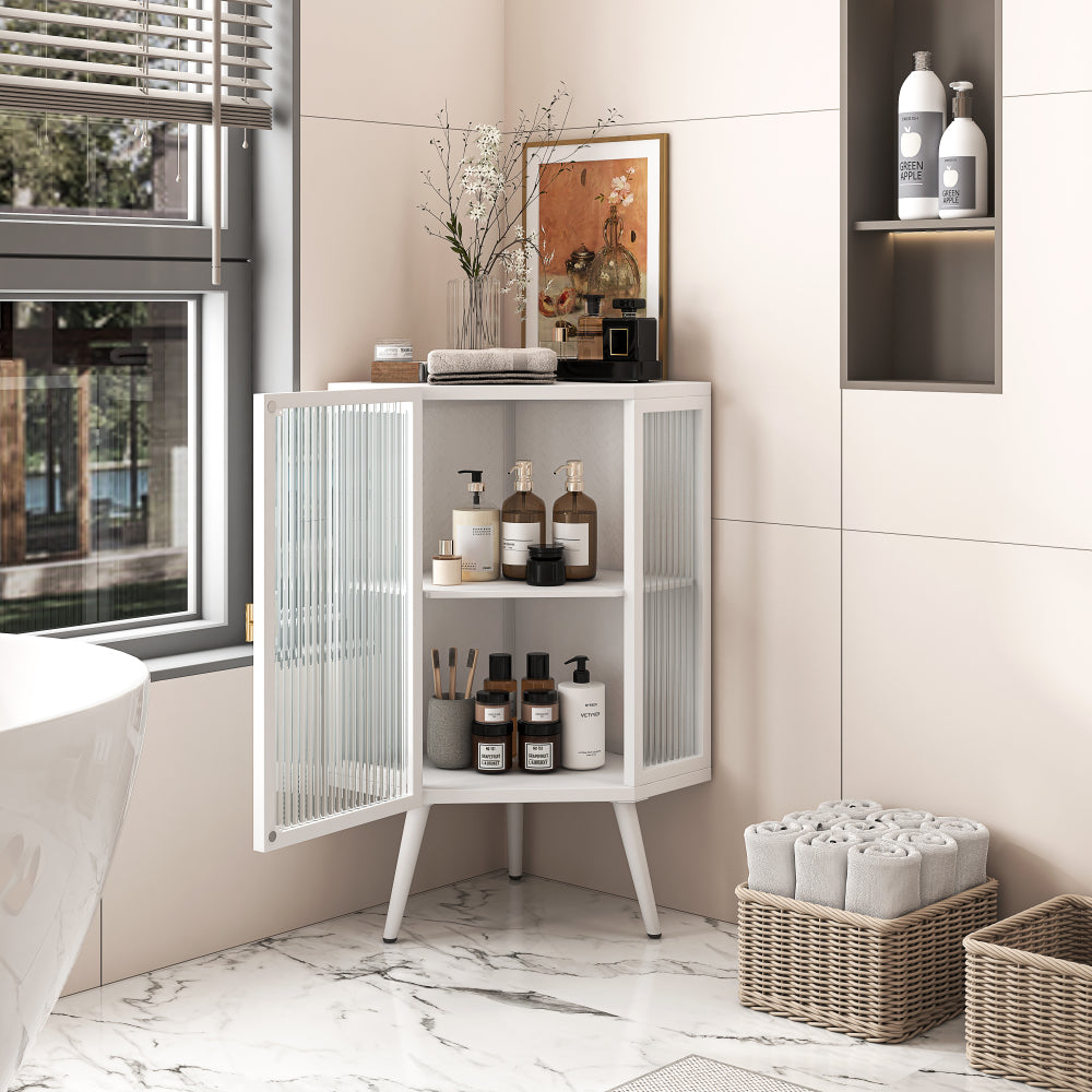 22.25 " Floor Coner Cabinet with Tempered Glass Door & Storage Shelves for Bathroom, Living Room, Bedroom (White)