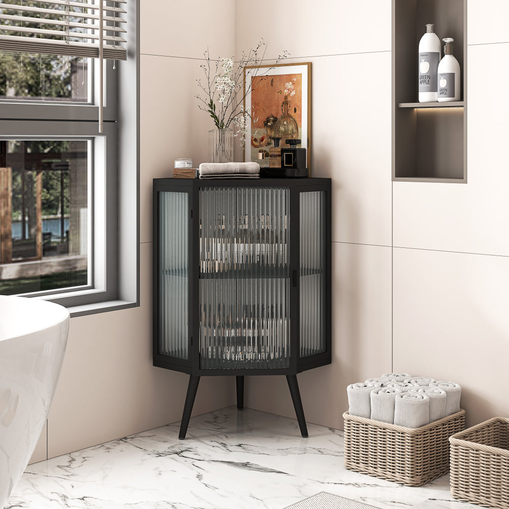 22.25 " Floor Coner Cabinet with Tempered Glass Door & Storage Shelves for Bathroom, Living Room, Bedroom (White)