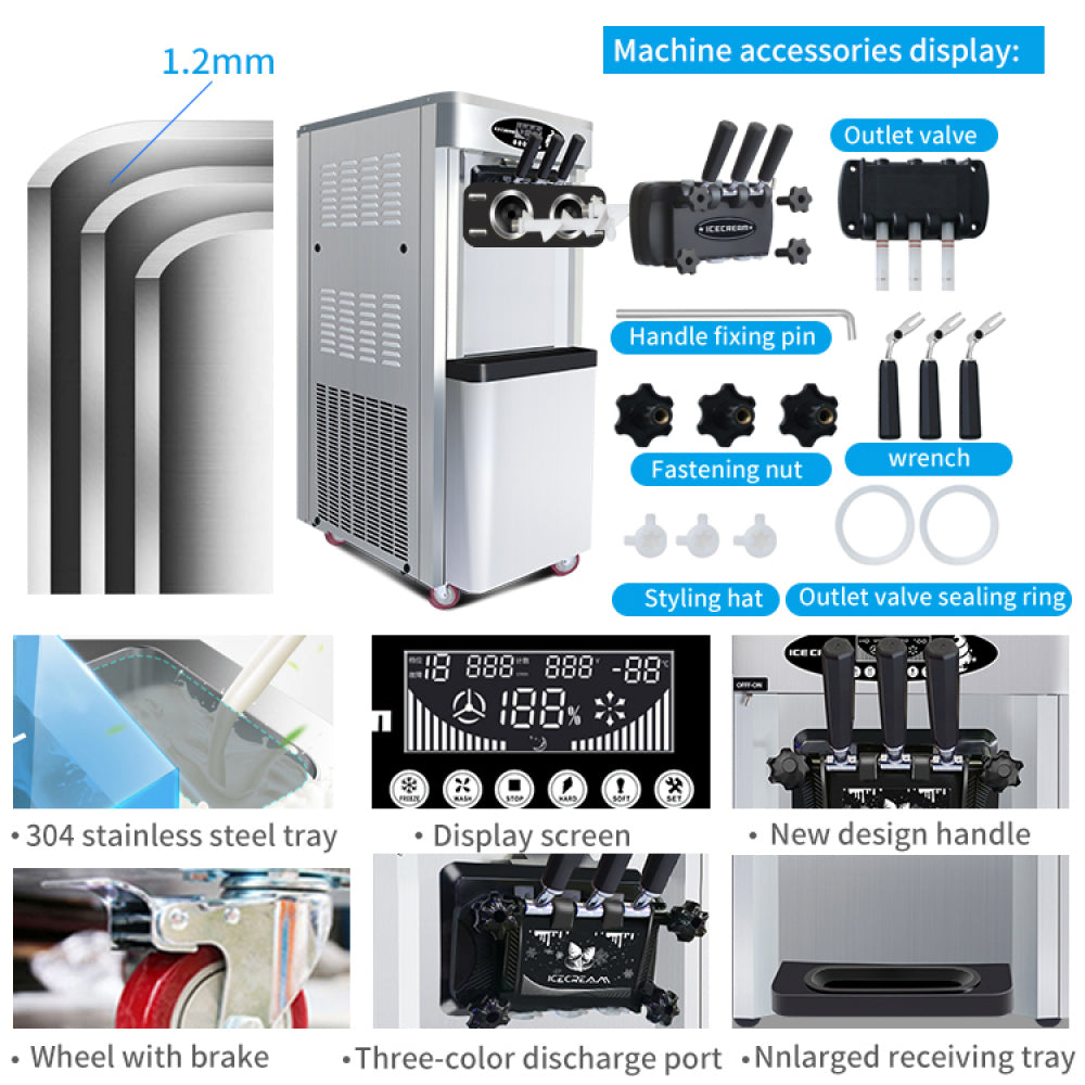 Commercial vertical ice cream machine,25-30L/H production capacity, with 2x6L hopper, 2000W power, soft ice cream machine for restaurants and snack shops, three flavors