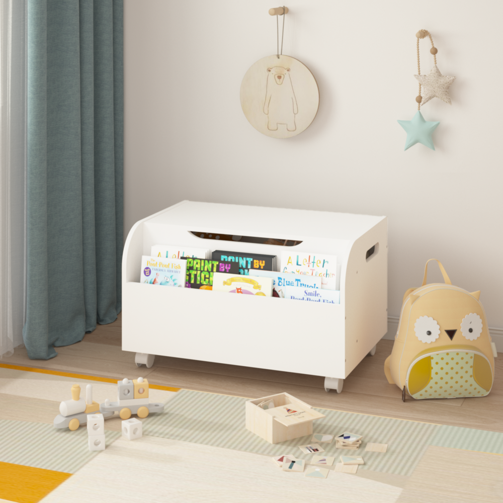 Wooden Toy Box, Kids Toy Storage Organizer with Front Bookshelf, Flip-Top Lid, Safety Hinge, Boys Girls Toy Chest Bench for Playroom Kids Room Organization (White)