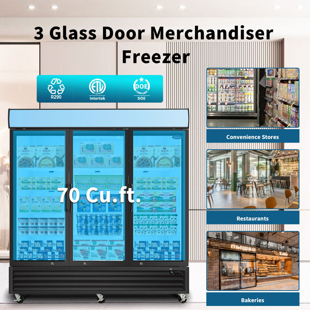 ORIKOOL Glass Door Merchandiser Freezer 70 Cu.ft Swing Door Commercial Reach-In Display Freezers with LED Top Panel Upright Freeze Storage