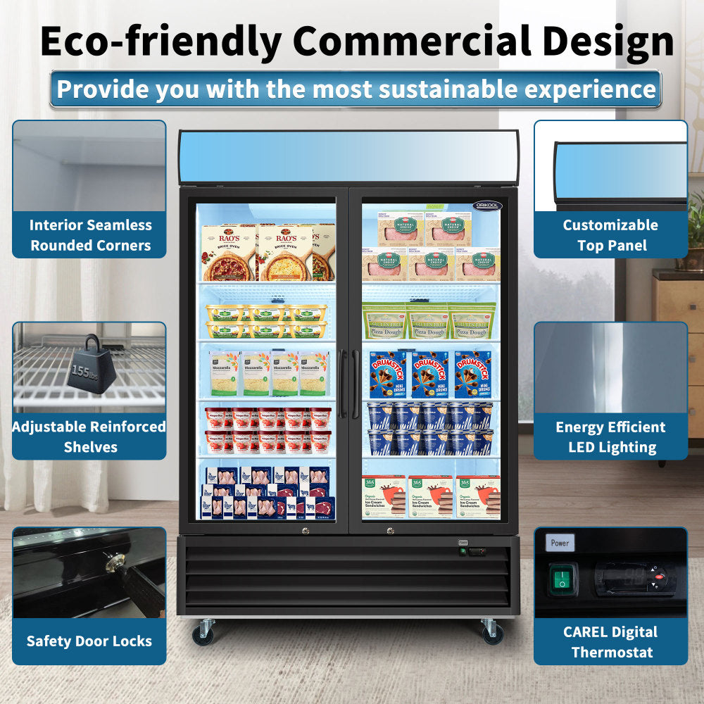 ORIKOOL Glass Door Merchandiser Freezer 44.7 Cu.ft Swing Door Commercial Reach-In Display Freezers with LED Top Panel Upright Freeze Storage