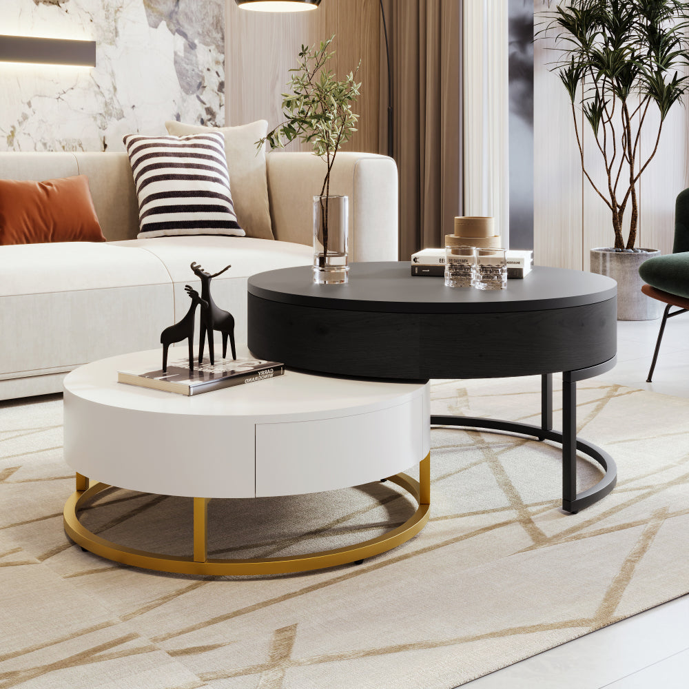 Modern Round Nesting Coffee Table with Drawers in White