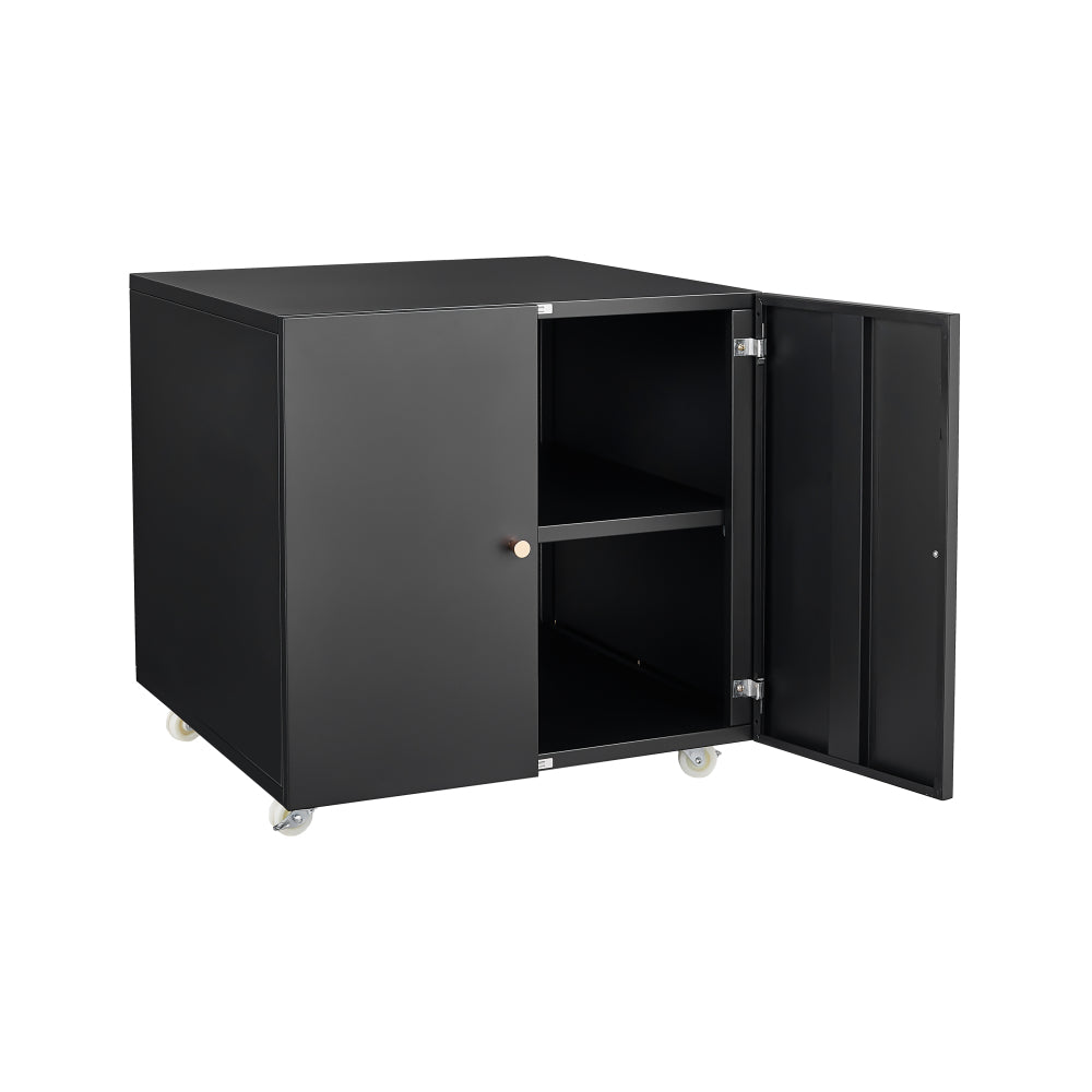 Black Metal Double-Door Printer Cabinet - 360° Lockable Casters, Crafted From Steel, Adjustable Shelves, Waterproof And Not Easy To Wear, Modern Design For Office, Home, Garage.