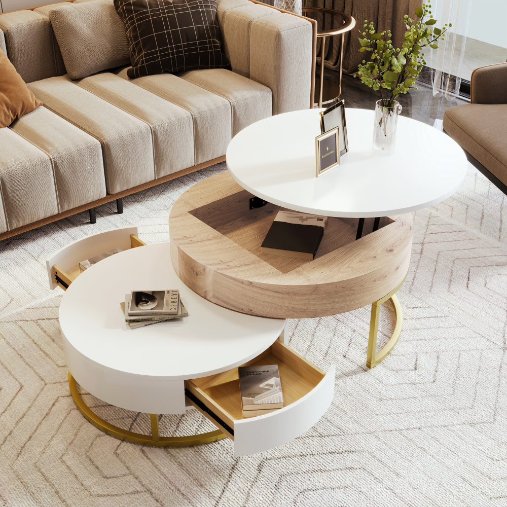 Modern Round Nesting Coffee Table with Drawers in White