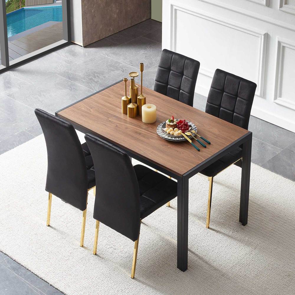 Dark Blue Velvet High Back Nordic Dining Chair Modern Fabric Chair with Golden Color Legs, Set Of 4