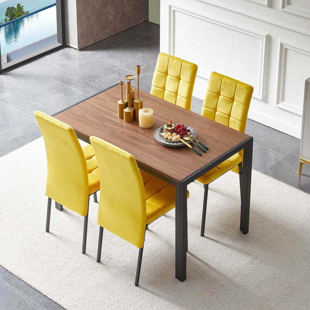 Dark Blue Velvet High Back Nordic Dining Chair Modern Fabric Chair with Golden Color Legs, Set Of 4