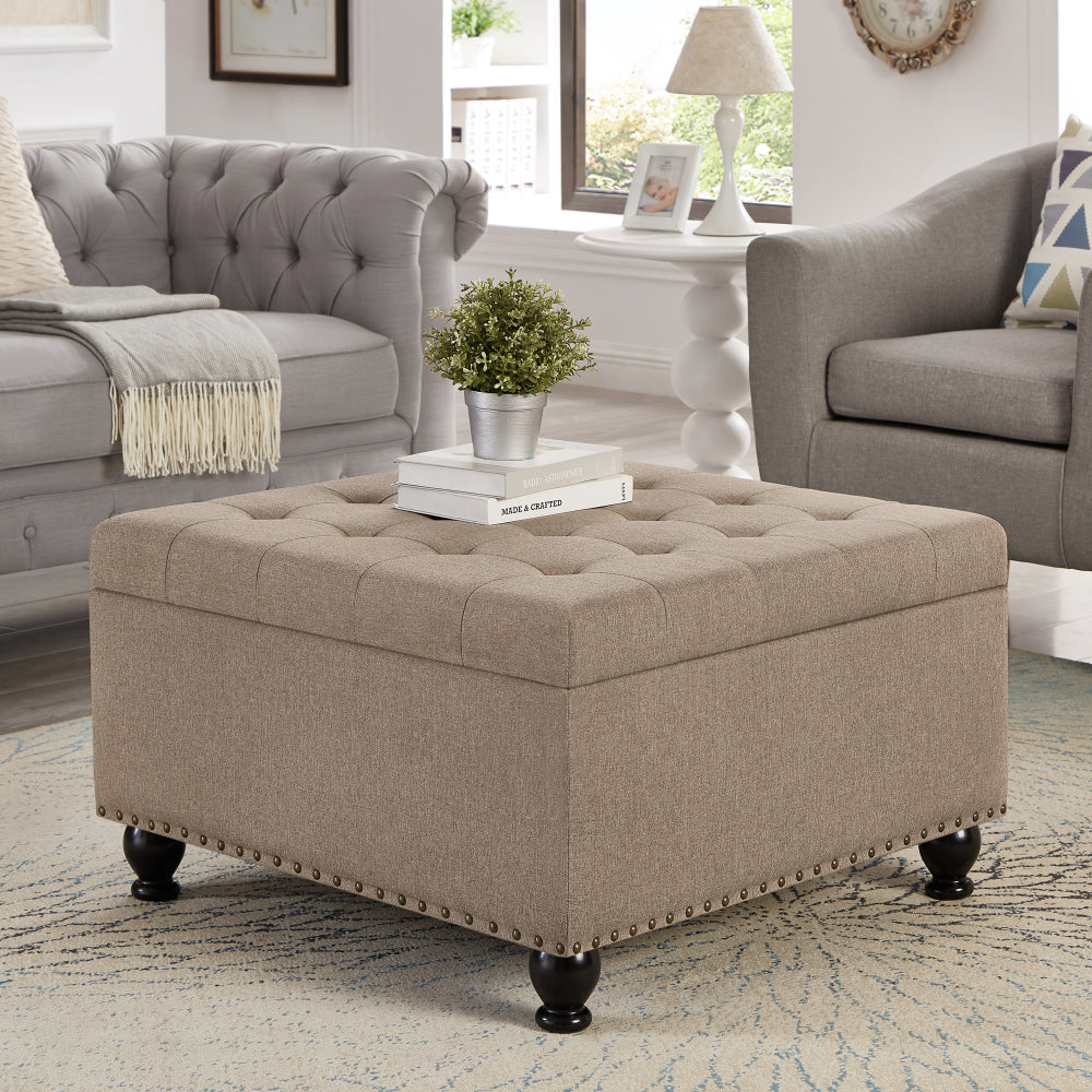 Large square storage ottoman with wooden legs, Upholstered button tufted coffee table with nail trims for Living Space, Black