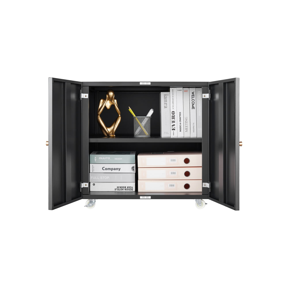 Black Metal Double-Door Printer Cabinet - 360° Lockable Casters, Crafted From Steel, Adjustable Shelves, Waterproof And Not Easy To Wear, Modern Design For Office, Home, Garage.
