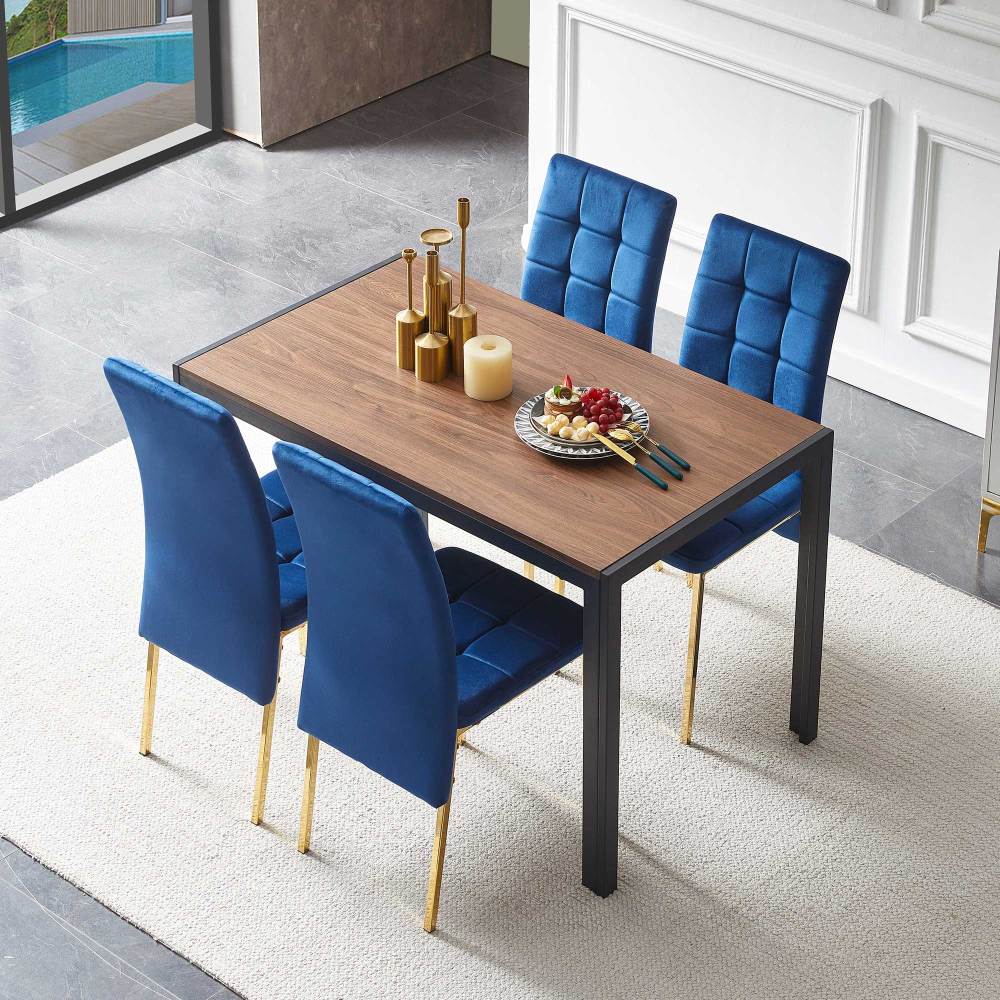 Dark Blue Velvet High Back Nordic Dining Chair Modern Fabric Chair with Golden Color Legs, Set Of 4