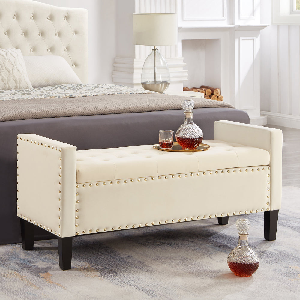 Upholstered Tufted Button Storage Bench with nails trim,Entryway Living Room Soft Padded Seat with Armrest,Bed Bench-Black
