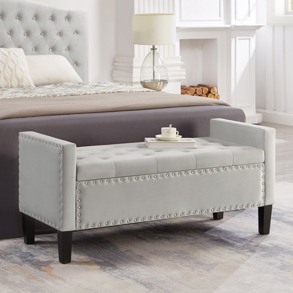 Upholstered Tufted Button Storage Bench with nails trim,Entryway Living Room Soft Padded Seat with Armrest,Bed Bench-Black