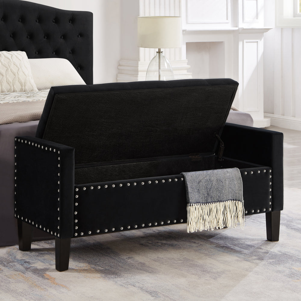 Upholstered Tufted Button Storage Bench with nails trim,Entryway Living Room Soft Padded Seat with Armrest,Bed Bench-Black