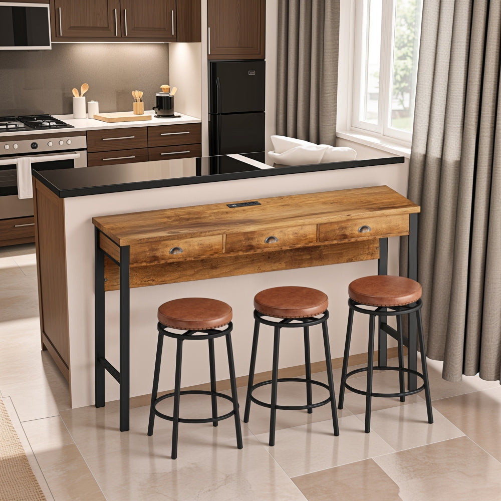 Long Dining Table Set with 3 Stools, Easy Assembly, Natural (Same SKU:W75753848)