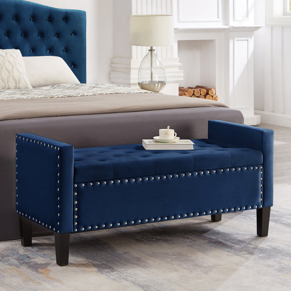 Upholstered Tufted Button Storage Bench with nails trim,Entryway Living Room Soft Padded Seat with Armrest,Bed Bench-Black