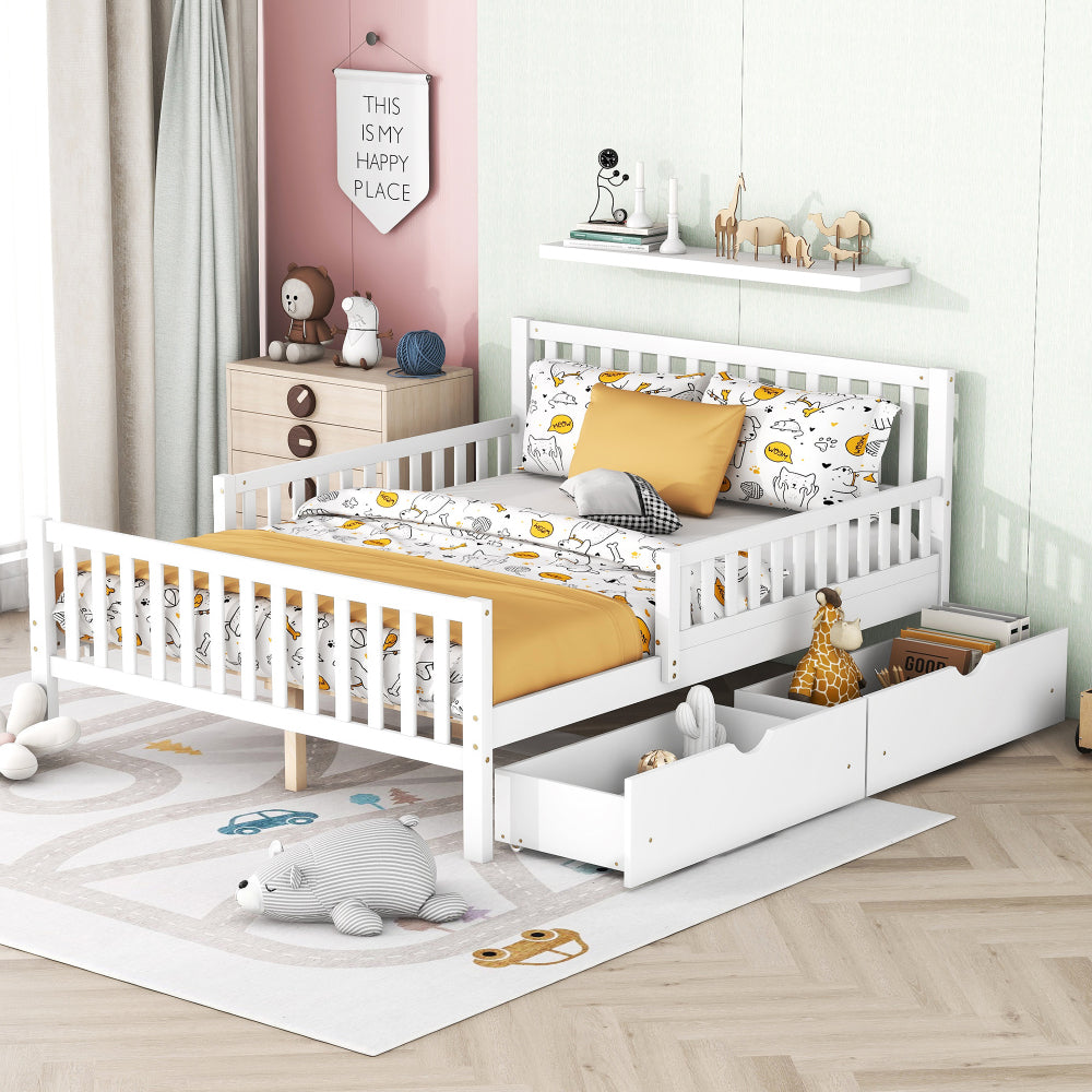 Twin Size Wood Platform Bed with Guardrails on Both Sides and Two Storage Drawers ,White