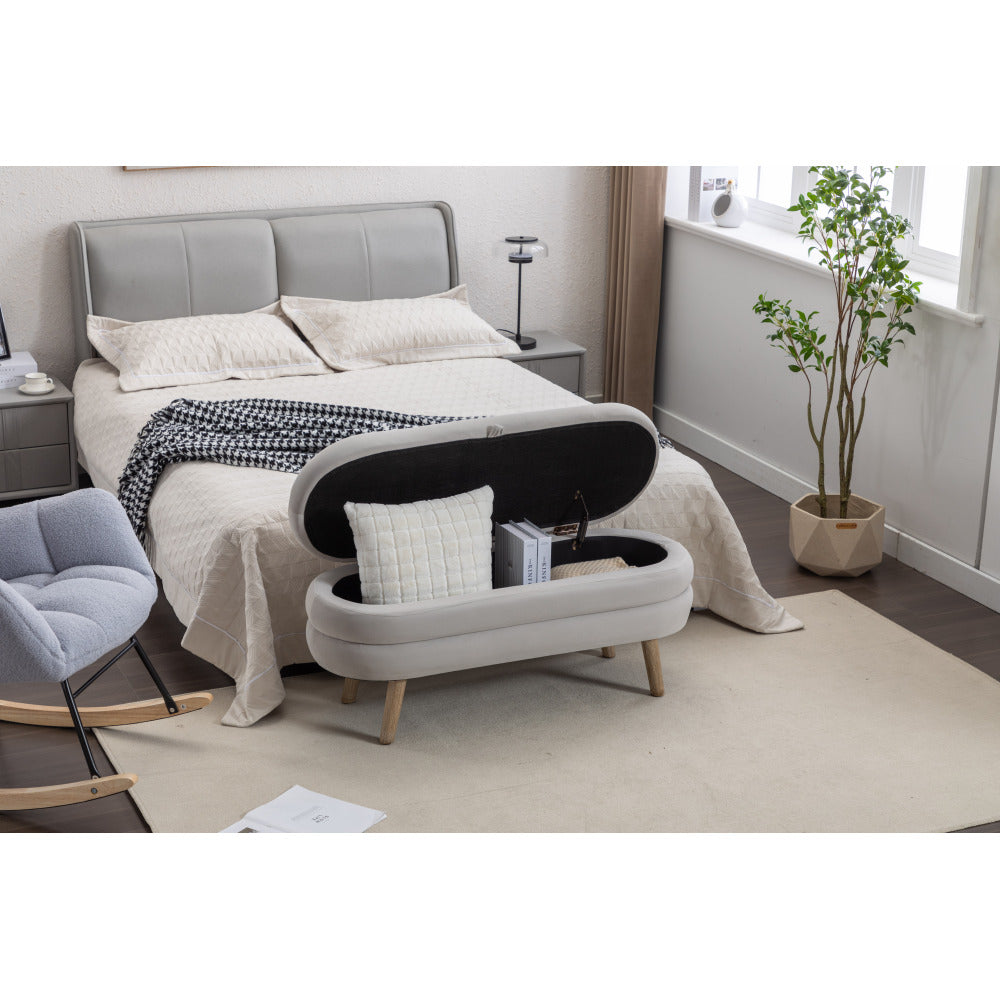 036-Velvet Fabric Storage Bench Bedroom Bench With Wood Legs For Living Room Bedroom Indoor,Light Gray