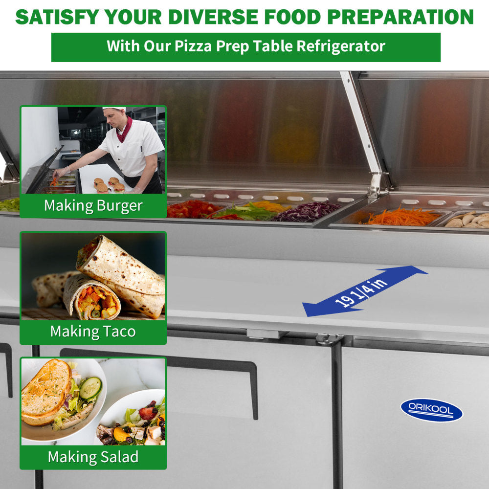 Orikool 67 IN Commercial Pizza Prep Table with a Built-in Refrigerator 20.3 Cu.Ft, Butcher Block Cutting Board, Protection Lid, Cold Storage, and Smooth-Rolling Casters, ETL Certified
